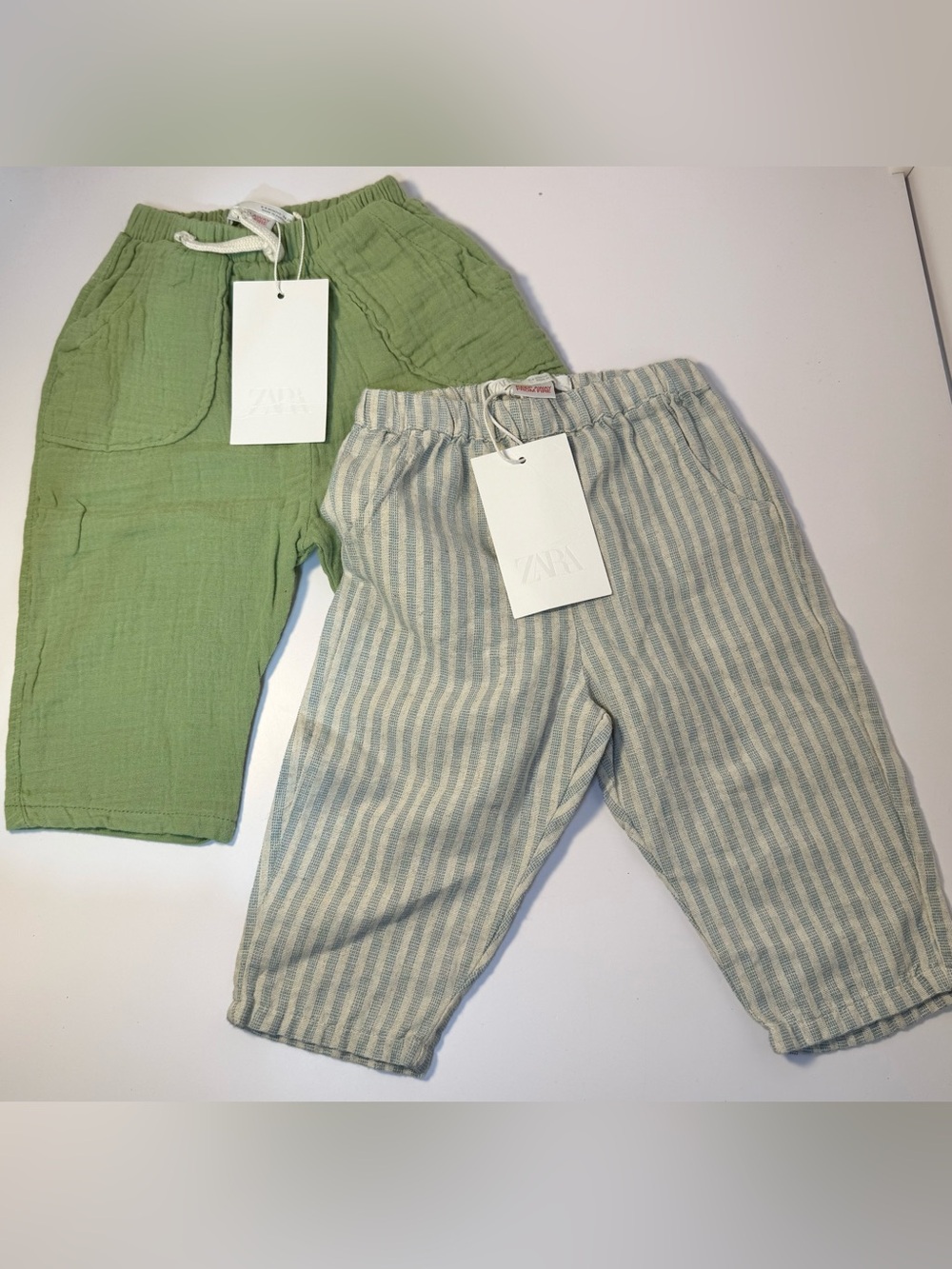 Zara Kids Light Green Gauze & Blue-Striped Casual Bottoms - 2 sold together